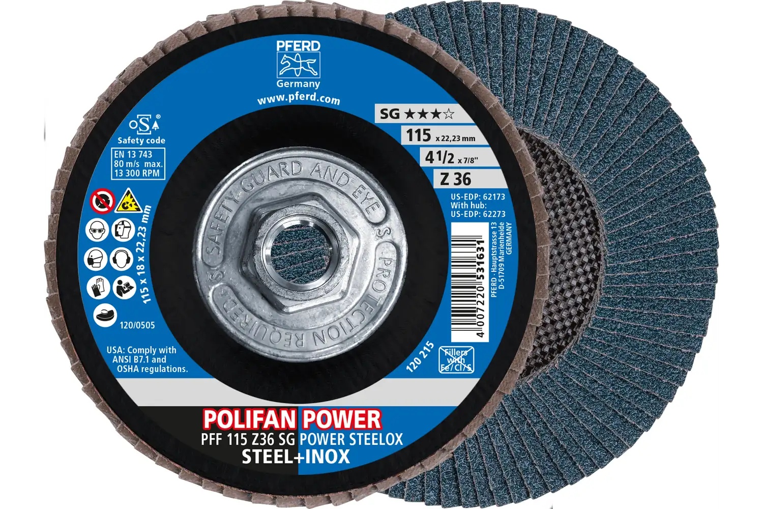Picture of Pferd Flap Disc, 4-1/2" x 5/8-11, Z SG Power Steelox, 36 Grit, T27, Conical, Zirconia